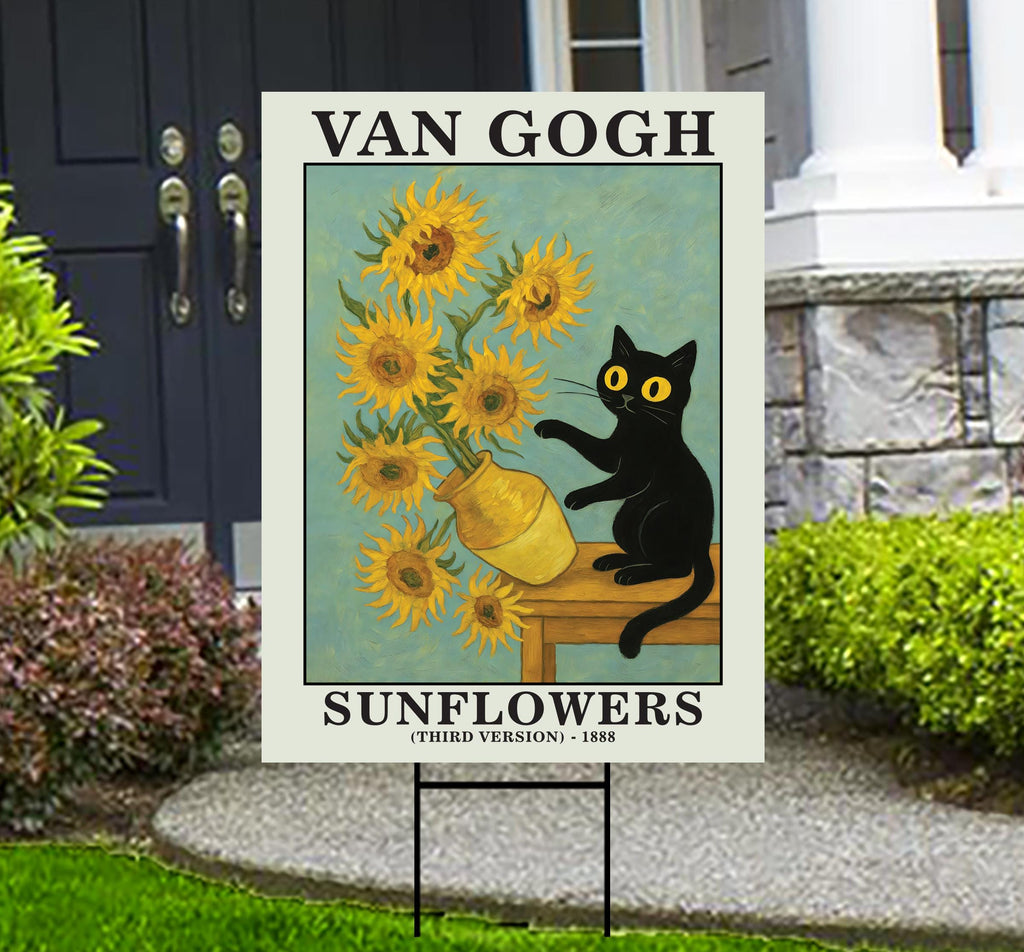 Funny Van Gogh Cat Yard Sign, Black Cat Meme Lawn Sign, Kitty Lover Outdoor Art Decor, Artist Cat Yard Decoration with Metal H-Stake