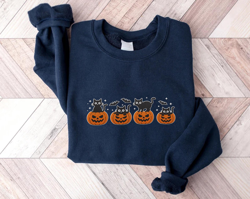 Black Cat Embroidered Sweatshirt, Pumpkin Jack-O'-Lantern Hoodie, Cat Ghost Shirt, Fall Long Sleeve Shirt, Halloween Gift for Cat Lovers