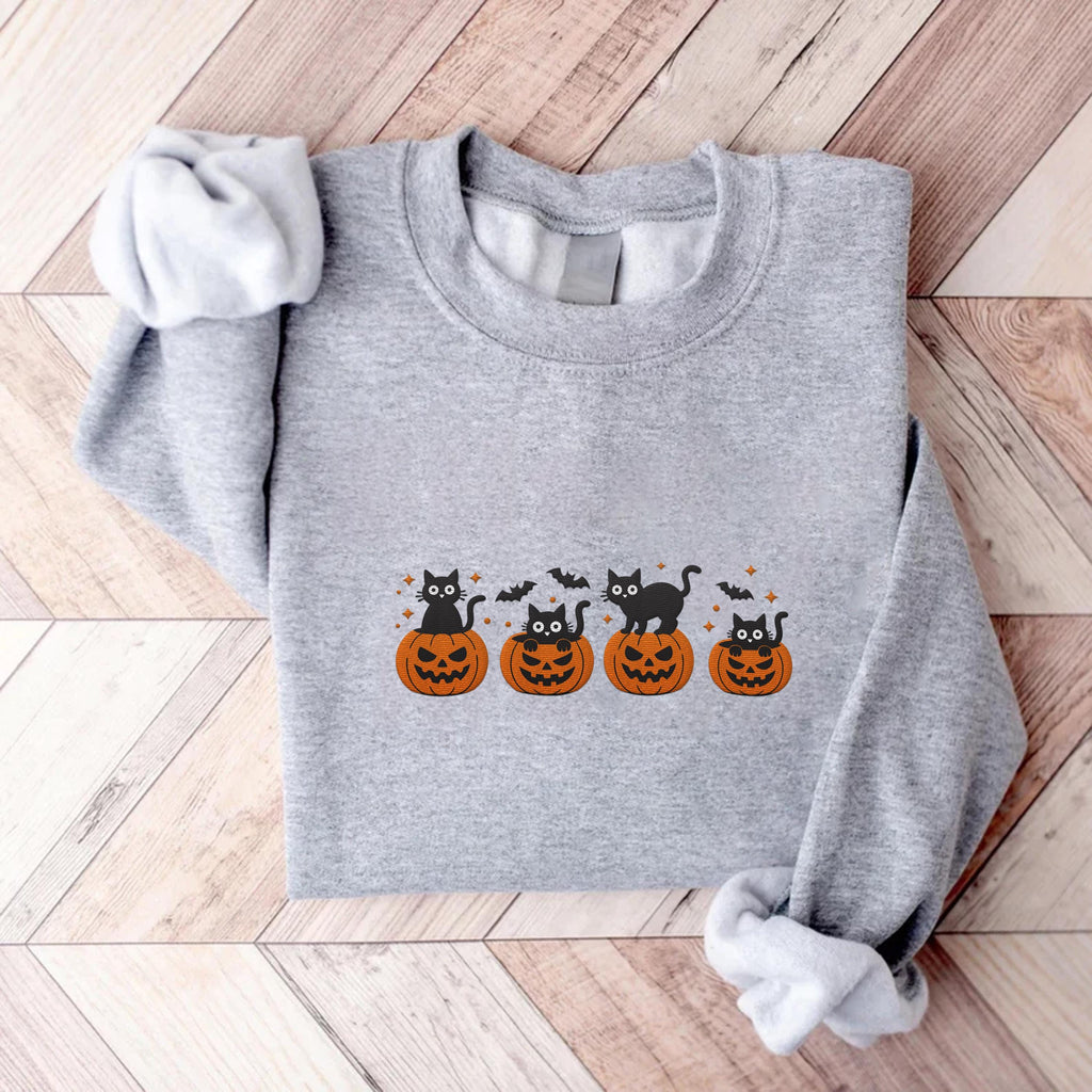 Black Cat Embroidered Sweatshirt, Pumpkin Jack-O'-Lantern Hoodie, Cat Ghost Shirt, Fall Long Sleeve Shirt, Halloween Gift for Cat Lovers
