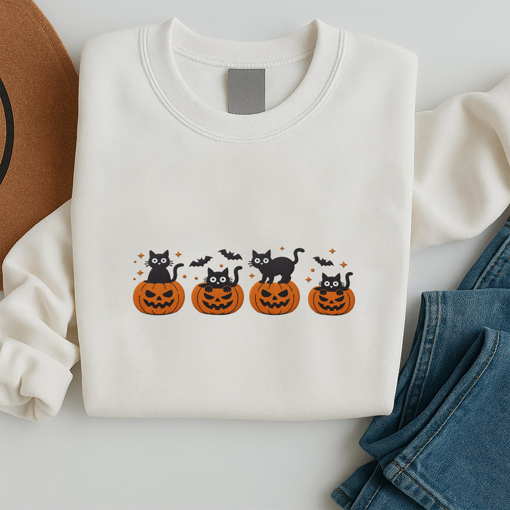 Black Cat Embroidered Sweatshirt, Pumpkin Jack-O'-Lantern Hoodie, Cat Ghost Shirt, Fall Long Sleeve Shirt, Halloween Gift for Cat Lovers