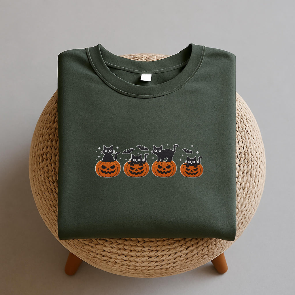 Black Cat Embroidered Sweatshirt, Pumpkin Jack-O'-Lantern Hoodie, Cat Ghost Shirt, Fall Long Sleeve Shirt, Halloween Gift for Cat Lovers
