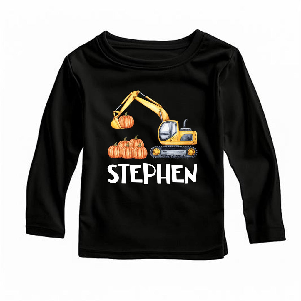 Personalized Name Fall Baby Shirt, Excavator Pumpkin Baby Bodysuit, Toddler Sweatshirt - Boys Halloween Outfit, Cute Construction Look