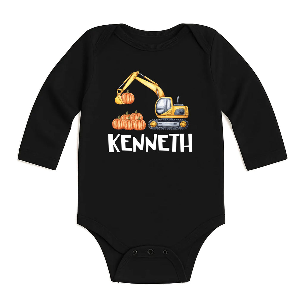 Excavator Pumpkin Baby Bodysuit, Personalized Name Fall Baby Shirt, Toddler Sweatshirt - Boys Halloween Outfit, Cute Construction Look