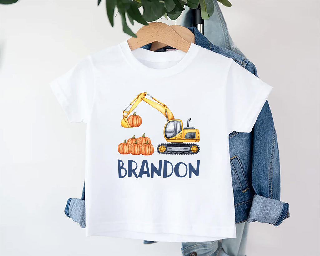Personalized Name Fall Baby Shirt, Excavator Pumpkin Baby Bodysuit, Toddler Sweatshirt - Boys Halloween Outfit, Cute Construction Look