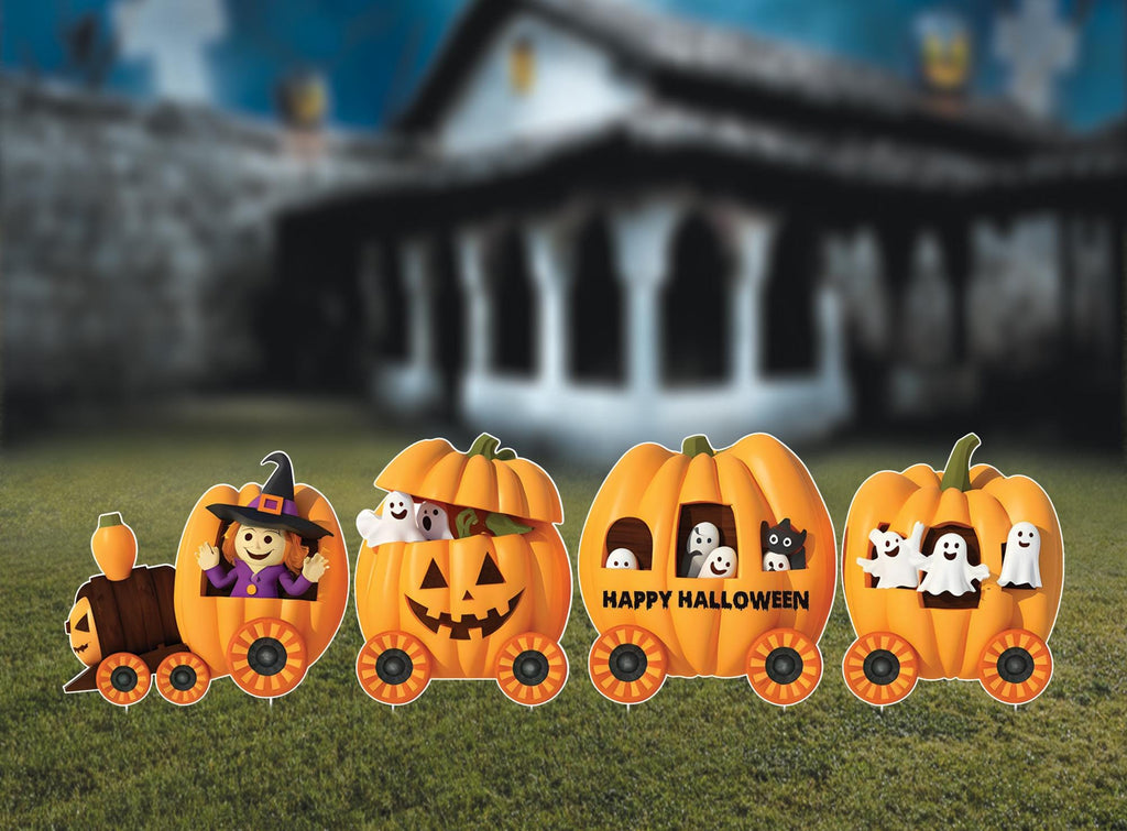 Pumpkin Train Halloween Yard Signs, Fall Witch Skeleton Mummy Lawn Stakes, Outdoor Happy Harvest Thanksgiving Decorations for Garden or Lawn