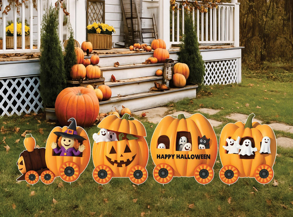 Pumpkin Train Halloween Yard Signs, Fall Witch Skeleton Mummy Lawn Stakes, Outdoor Happy Harvest Thanksgiving Decorations for Garden or Lawn
