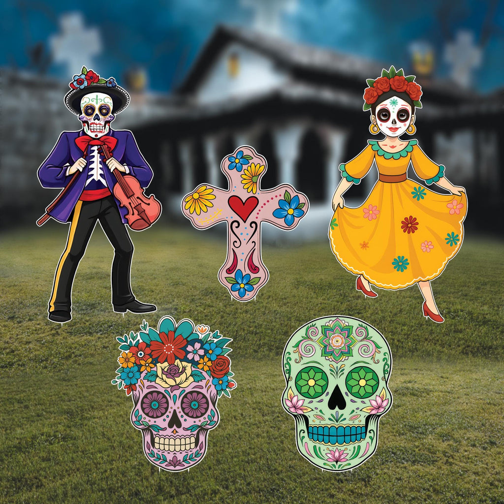 Day of the Dead Yard Signs, Sugar Skull Outdoor Halloween Decorations with Stakes, Dia De Los Muertos Garden Decor for Lawn or Patio Party