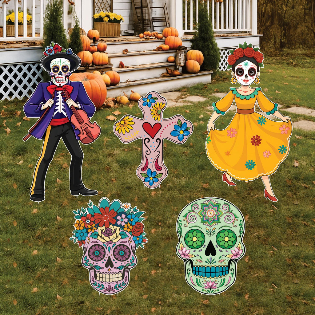 Day of the Dead Yard Signs, Sugar Skull Outdoor Halloween Decorations with Stakes, Dia De Los Muertos Garden Decor for Lawn or Patio Party