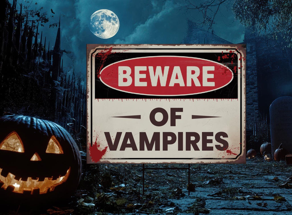 Beware of Vampires Yard Sign, Keep Out Halloween Lawn Decoration, Scary Spooky Outdoor Decor, Creepy Circus Warning Sign with Metal H-Stake