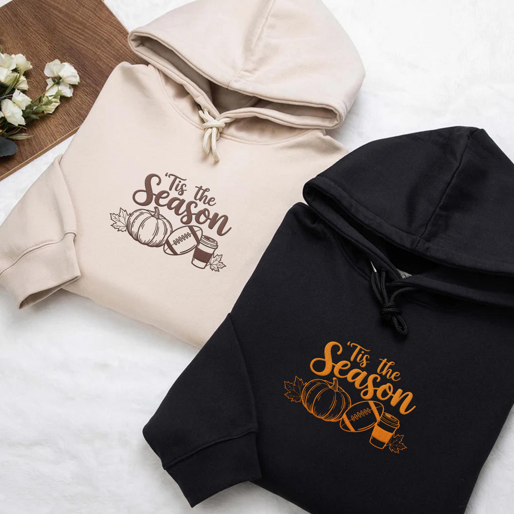 Tis the Season Embroidered Hoodie, Pumpkin Spice Latte Sweatshirt, Fall Shirt, Touchdown Long Sleeve Shirt, Thanksgiving Gift Idea