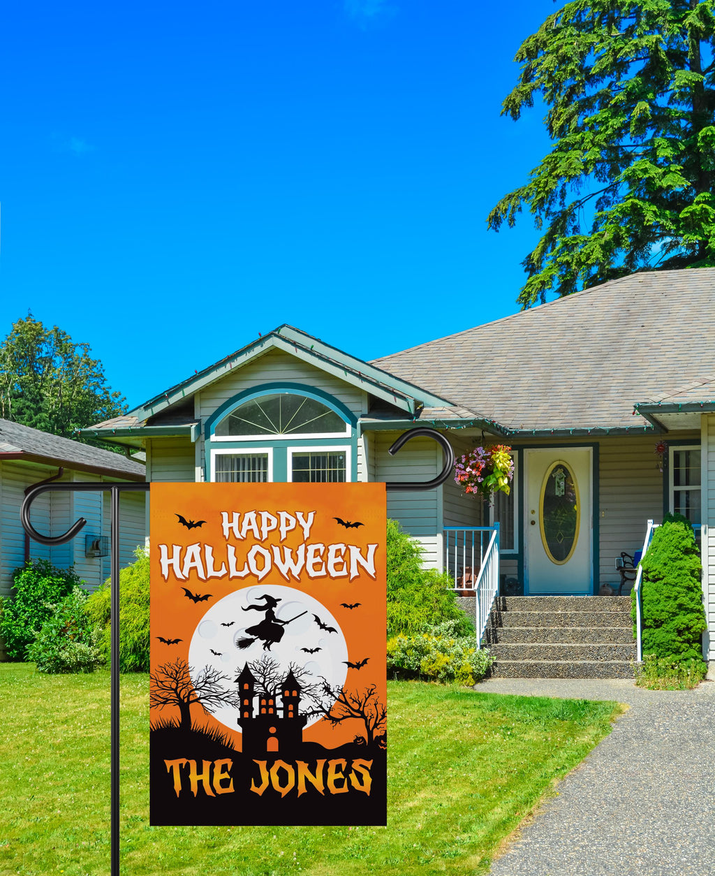 Personalized Happy Halloween Garden Flag, Flying Witch Yard Flag, Haunted Castle Fall Decor, Spooky Family Name Sign, Welcome Outdoor Flag