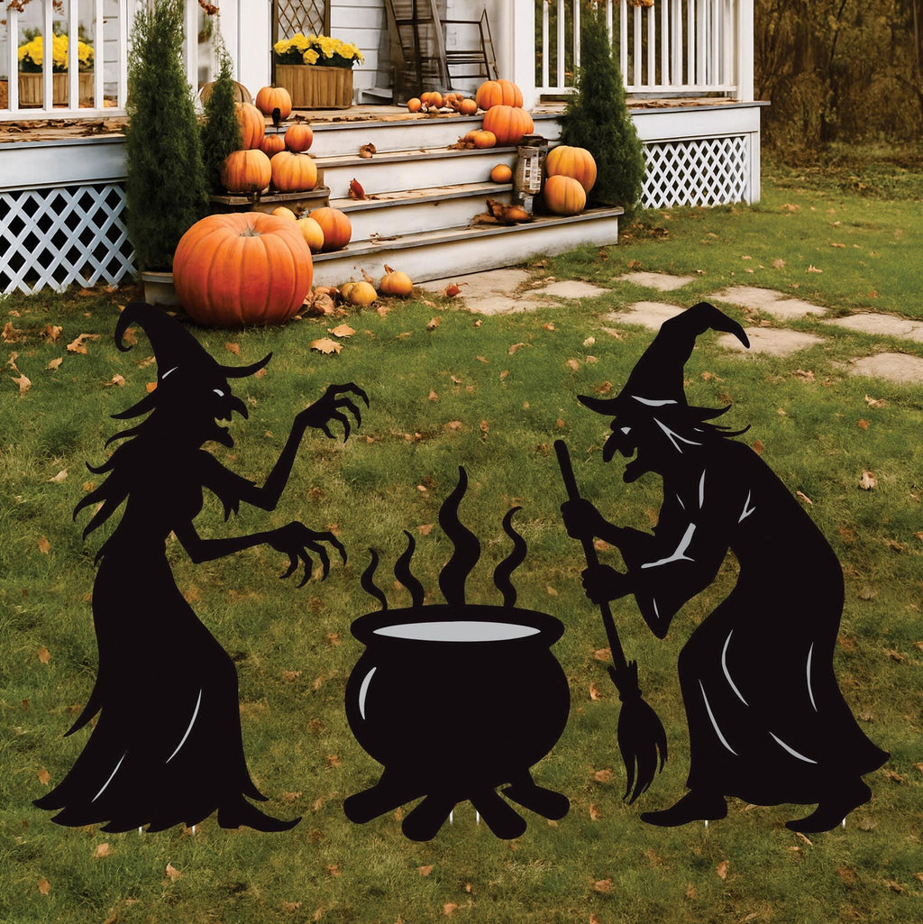 Witch Silhouette Halloween Yard Sign with Cauldron, Spooky Outdoor Garden Decoration, Corrugated Plastic Lawn Stake Sign for Halloween