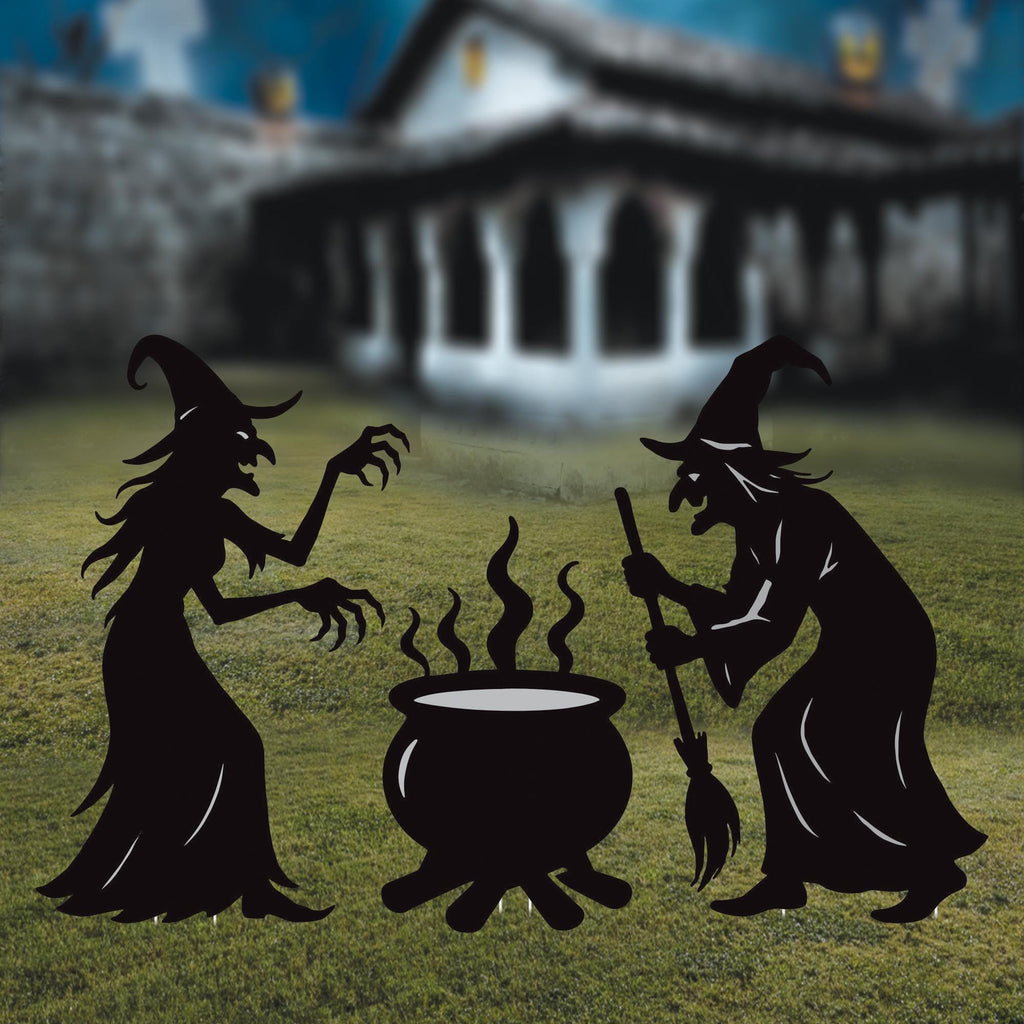 Witch Silhouette Halloween Yard Sign with Cauldron, Spooky Outdoor Garden Decoration, Corrugated Plastic Lawn Stake Sign for Halloween