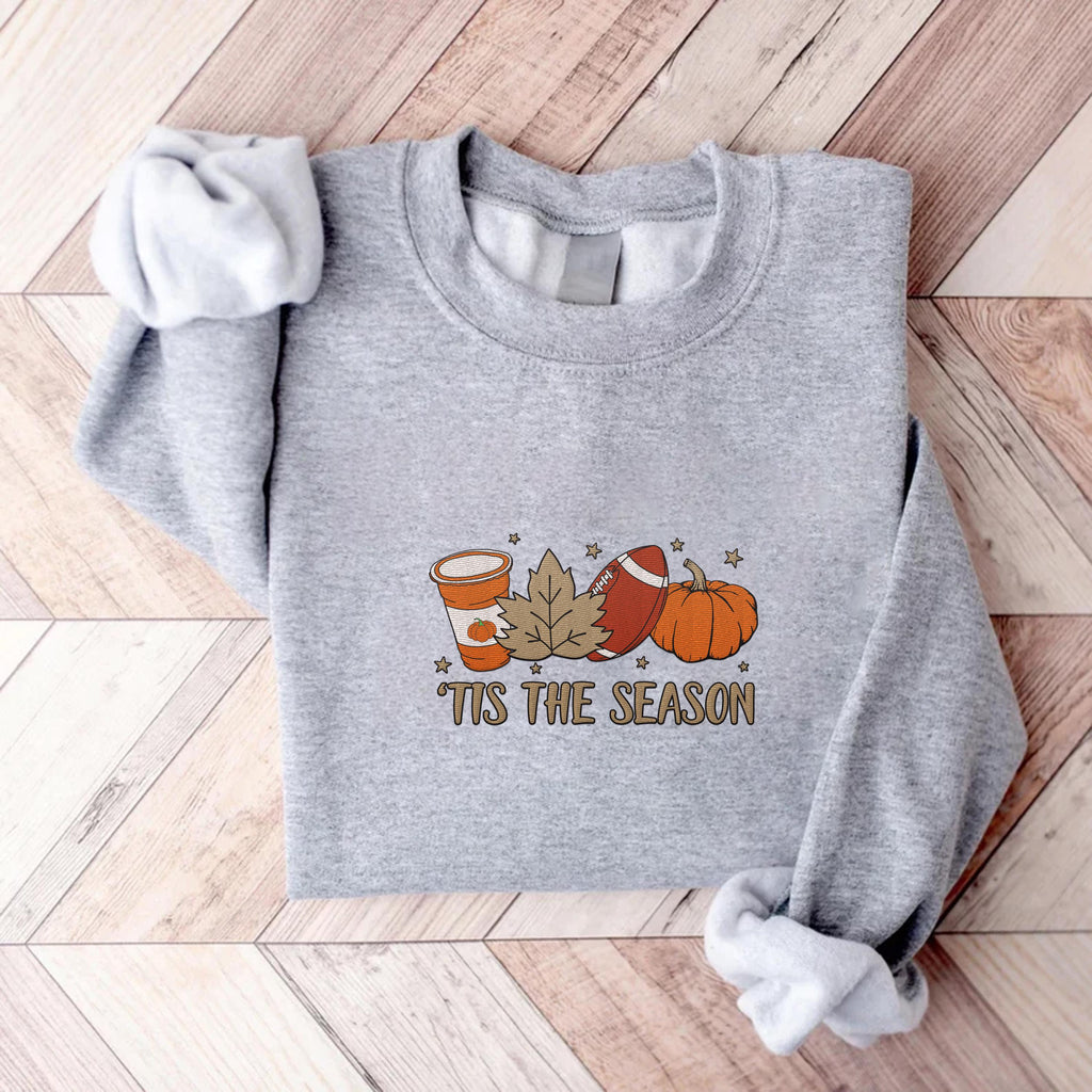 Pumpkin Spice Latte Embroidered Sweatshirt, Tis the Season Hoodie, Fall Shirt, Touchdown Long Sleeve Shirt, Thanksgiving Gift Idea