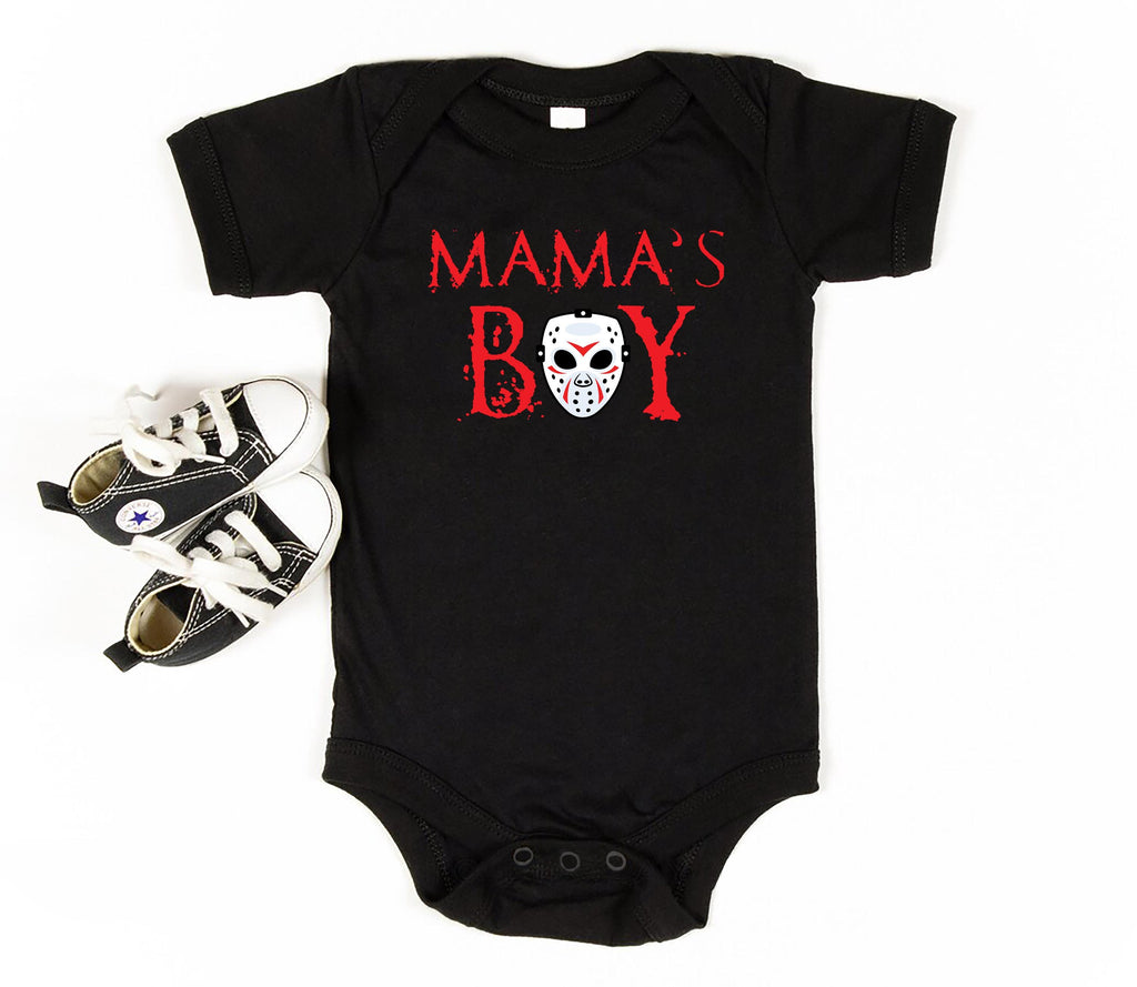 Mama's Boy Retro Halloween Baby Shirt, Baby Bodysuit, Funny Toddler Sweatshirt - Slasher-Inspired Outfit, Spooky Cute Boys Clothes
