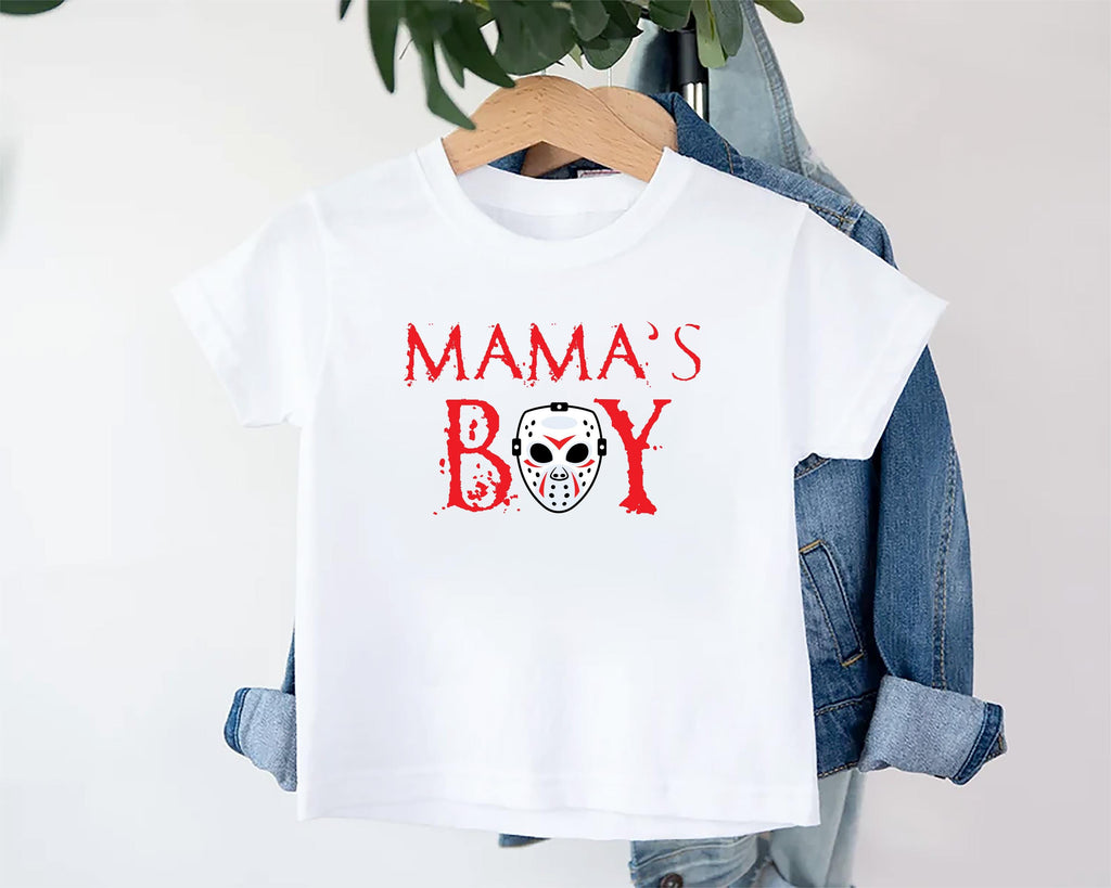 Mama's Boy Retro Halloween Baby Shirt, Baby Bodysuit, Funny Toddler Sweatshirt - Slasher-Inspired Outfit, Spooky Cute Boys Clothes
