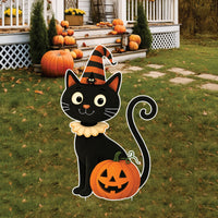 Cute Halloween Cat Yard Sign with Pumpkin, Outdoor Black Cat Lawn Decoration with Stakes, Corrugated Garden Sign for Porch or Party Display