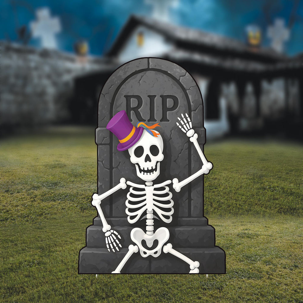 RIP Tombstone Skeleton Halloween Yard Sign with Stakes, Funny Graveyard Outdoor Decoration, Spooky Lawn Sign for Party, Garden, or Walkway