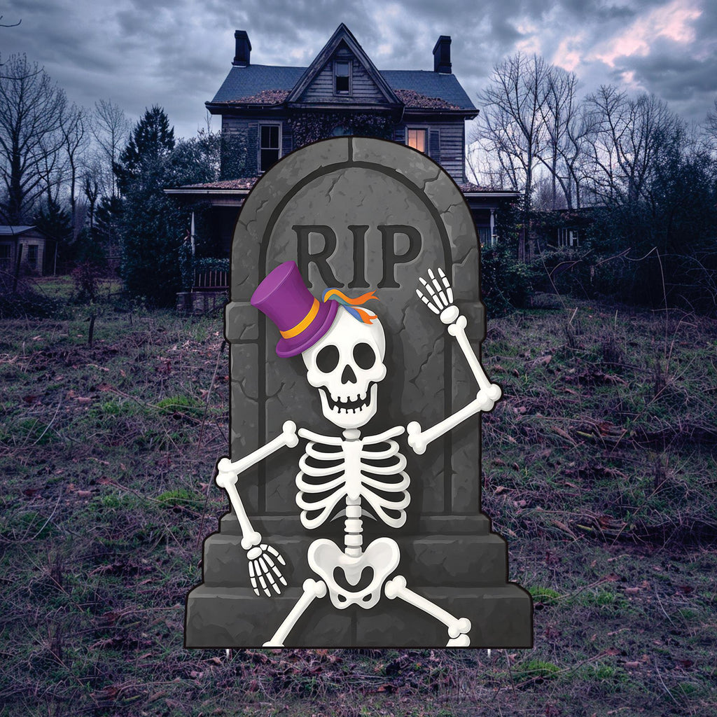 RIP Tombstone Skeleton Halloween Yard Sign with Stakes, Funny Graveyard Outdoor Decoration, Spooky Lawn Sign for Party, Garden, or Walkway