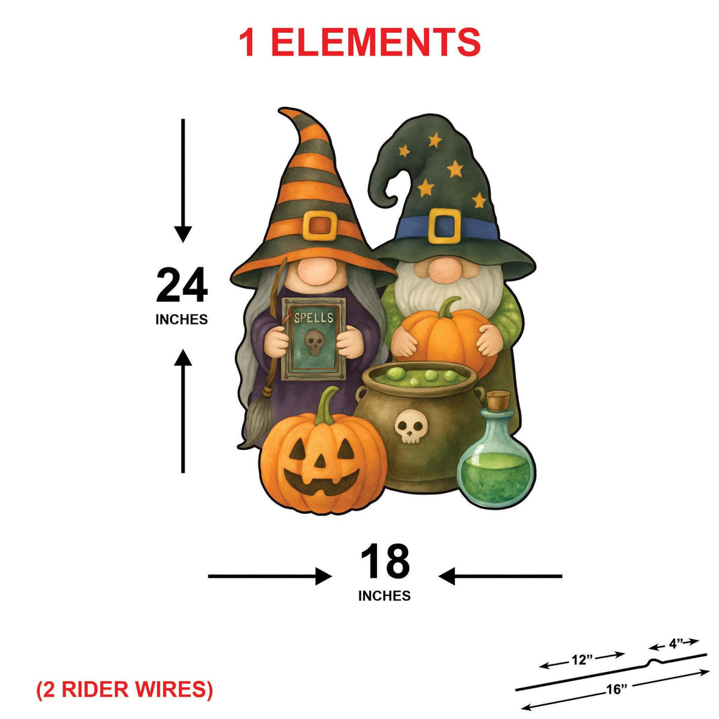 Halloween Gnome Yard Sign with Stakes, Witch and Wizard Lawn Decoration with Pumpkin and Cauldron, Outdoor Garden Decor for Fall Party
