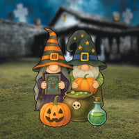 Halloween Gnome Yard Sign with Stakes, Witch and Wizard Lawn Decoration with Pumpkin and Cauldron, Outdoor Garden Decor for Fall Party