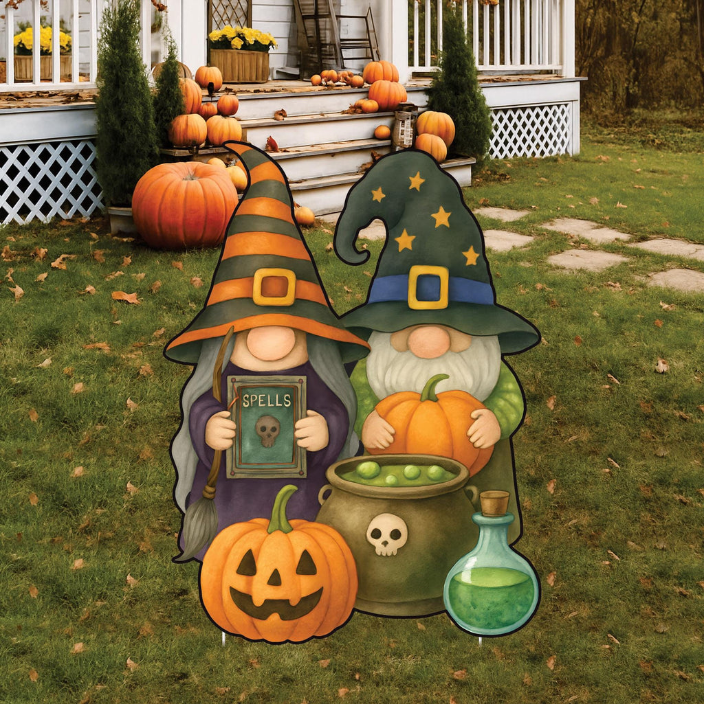 Halloween Gnome Yard Sign with Stakes, Witch and Wizard Lawn Decoration with Pumpkin and Cauldron, Outdoor Garden Decor for Fall Party