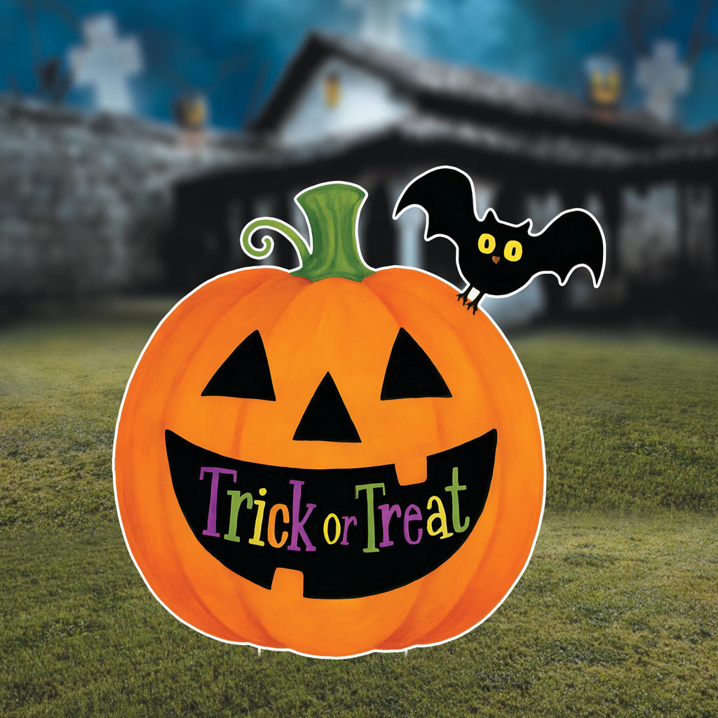 Trick or Treat Pumpkin Halloween Yard Sign with Bat, Outdoor Jack-O'-Lantern Lawn Decoration with Stakes for Garden, Porch, or Party Decor
