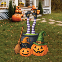Witch Cauldron Halloween Yard Sign with Stakes, Pumpkin Cat Lawn Decoration, Funny Outdoor Witch Brew Scene for Porch, Garden, or Party