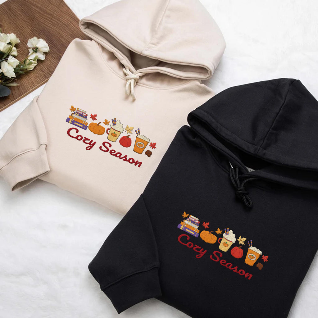Cozy Season Embroidered Hoodie, Autumn Vibes Sweatshirt, Fall Shirt, Cozy Long Sleeve Shirt for Her, Cute Minimal Fall Aesthetic Gift
