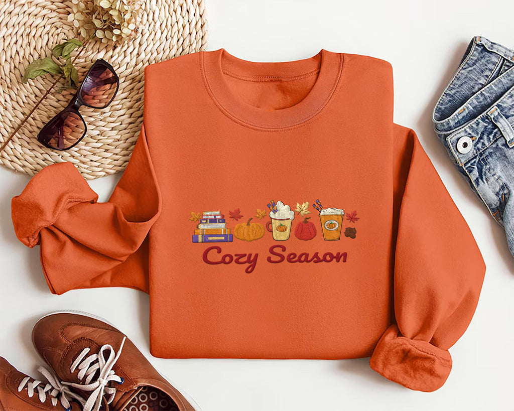 Cozy Season Embroidered Sweatshirt, Autumn Vibes Hoodie, Fall Shirt, Cozy Long Sleeve Shirt for Her, Cute Minimal Fall Aesthetic Gift
