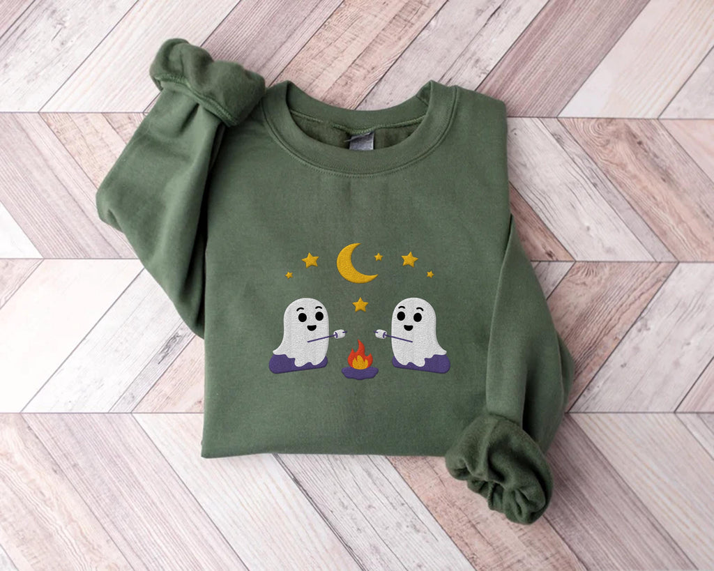 Spooky Season Hoodie, Cute Ghosts Camping Embroidered Sweatshirt, Halloween Shirt, Vintage Ghost Long Sleeve Shirt, Fall Embroidery Gift