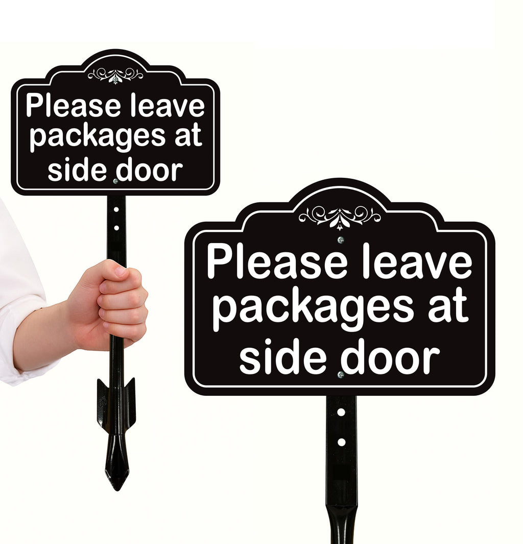 2 Pack Please Leave Packages at Side Door Yard Sign with 16" Stake, Aluminum Delivery Instruction Sign, Outdoor Parcel Drop Off Lawn Sign