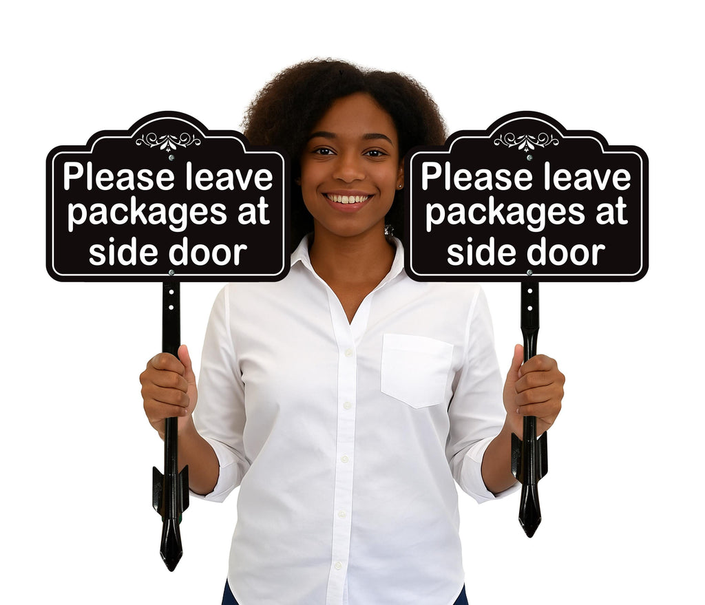 2 Pack Please Leave Packages at Side Door Yard Sign with 16" Stake, Aluminum Delivery Instruction Sign, Outdoor Parcel Drop Off Lawn Sign