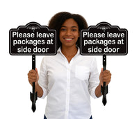 2 Pack Please Leave Packages at Side Door Yard Sign with 16" Stake, Aluminum Delivery Instruction Sign, Outdoor Parcel Drop Off Lawn Sign