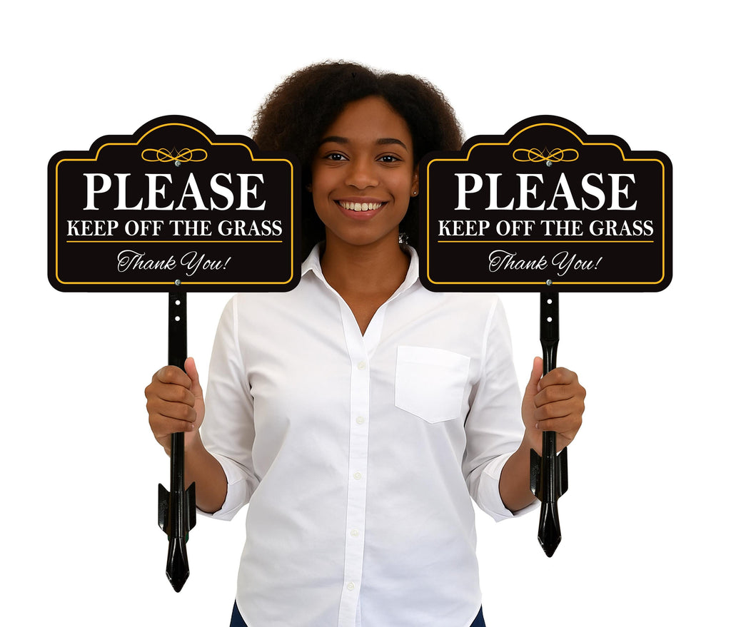 2 Pack Please Keep Off The Grass Yard Sign with 16" Stake, Aluminum Stay Off Grass Warning Sign, Outdoor Landscape Protection Lawn Sign