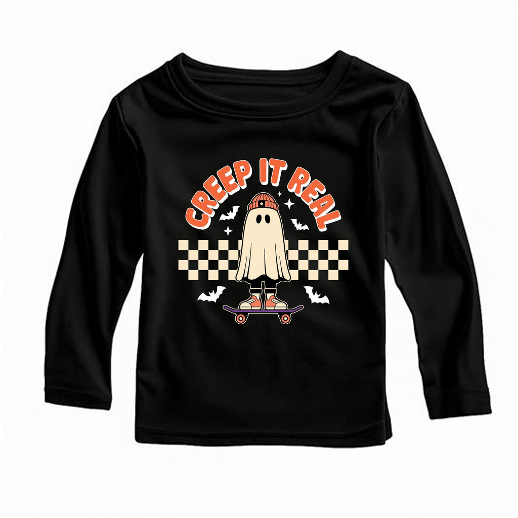 Creep It Real Baby Bodysuit, Skater Ghost Baby Shirt, Halloween Toddler Sweatshirt - Retro Boys Outfit, Spooky Skate Fall Clothes