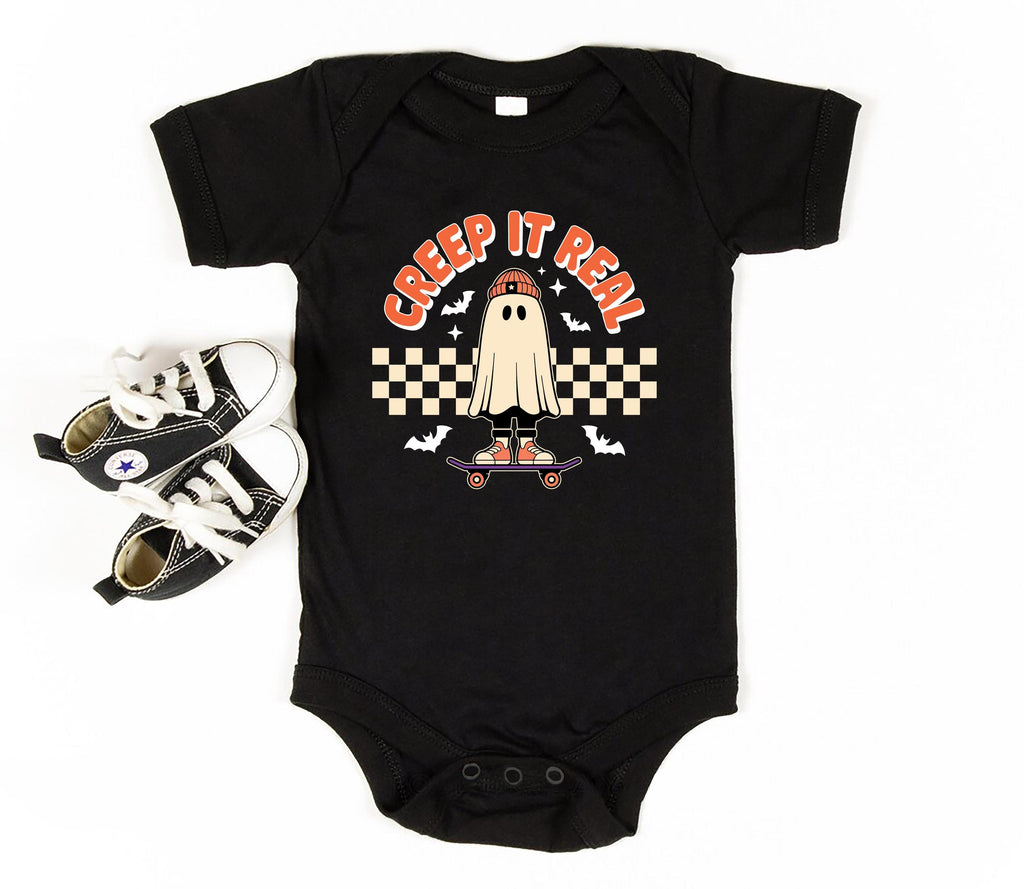 Creep It Real Baby Bodysuit, Skater Ghost Baby Shirt, Halloween Toddler Sweatshirt - Retro Boys Outfit, Spooky Skate Fall Clothes