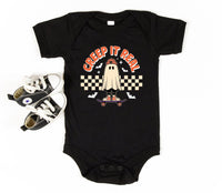 Creep It Real Baby Bodysuit, Skater Ghost Baby Shirt, Halloween Toddler Sweatshirt - Retro Boys Outfit, Spooky Skate Fall Clothes