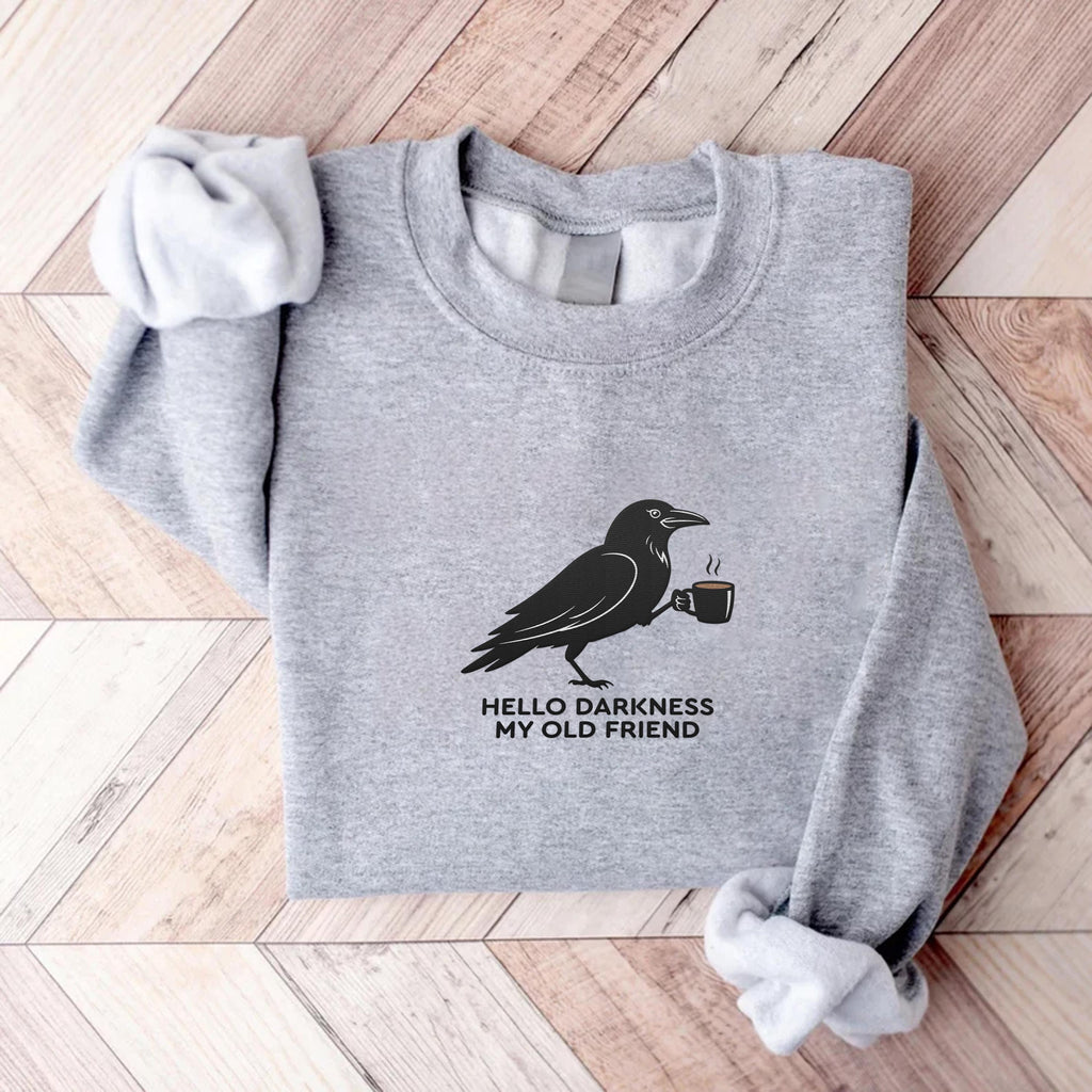 Raven Crow Coffee Embroidered Sweatshirt, Halloween Fall Hoodie, Spooky Coffee Shirt, Autumn Long Sleeve Shirt, Gift for Coffee Lover