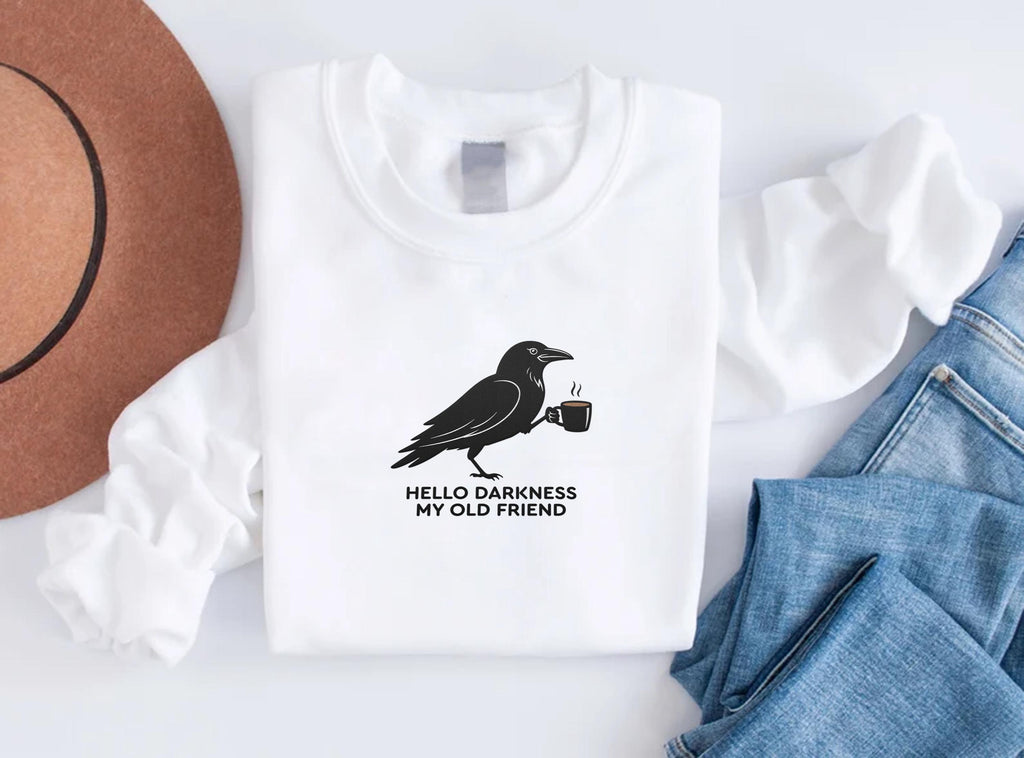 Raven Crow Coffee Embroidered Sweatshirt, Halloween Fall Hoodie, Spooky Coffee Shirt, Autumn Long Sleeve Shirt, Gift for Coffee Lover