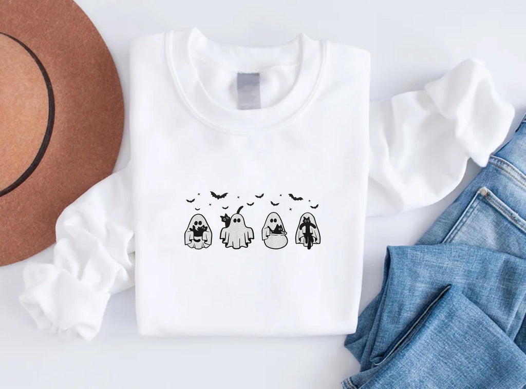 Halloween Black Cat & Ghost Embroidered Sweatshirt, Spooky Season Hoodie, Cute Cat Shirt, Fall Long Sleeve Shirt, Halloween Gift for Her