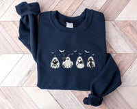 Halloween Black Cat & Ghost Embroidered Sweatshirt, Spooky Season Hoodie, Cute Cat Shirt, Fall Long Sleeve Shirt, Halloween Gift for Her