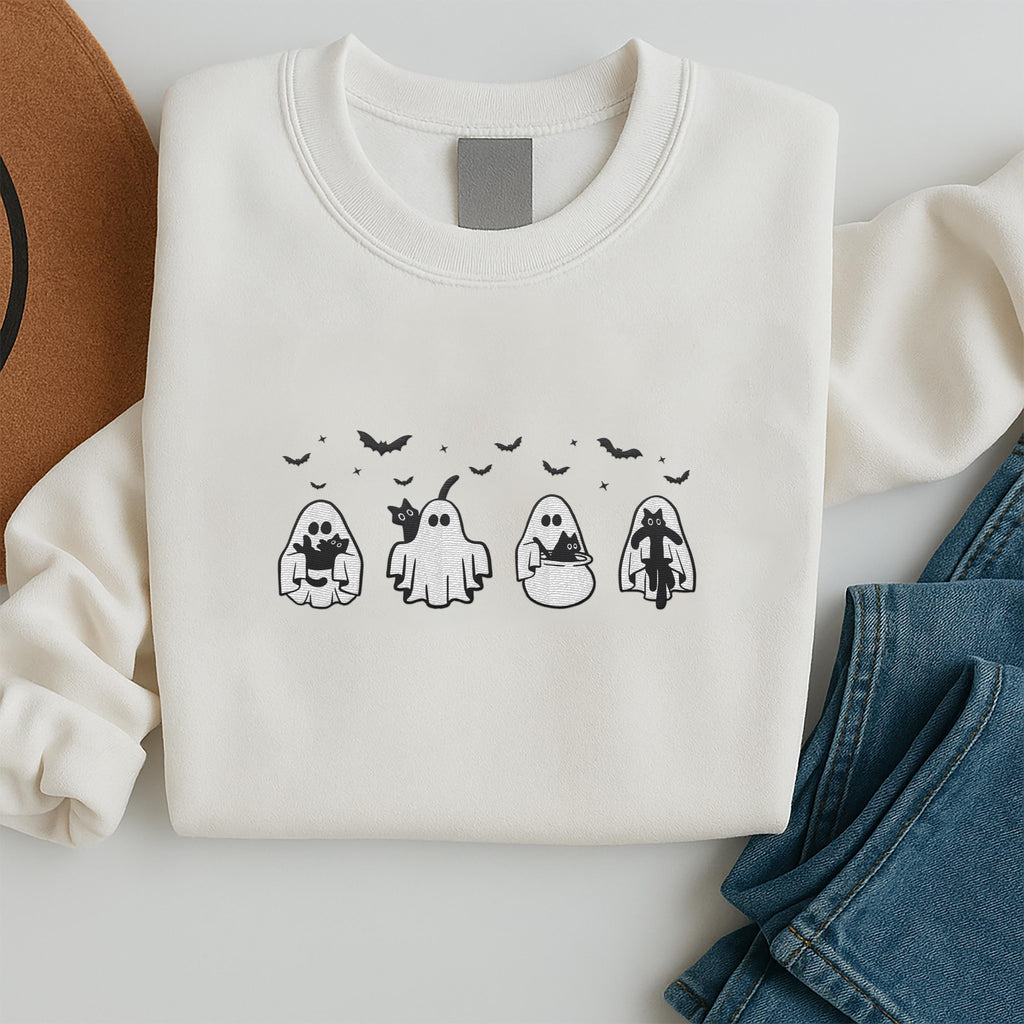 Halloween Black Cat & Ghost Embroidered Sweatshirt, Spooky Season Hoodie, Cute Cat Shirt, Fall Long Sleeve Shirt, Halloween Gift for Her