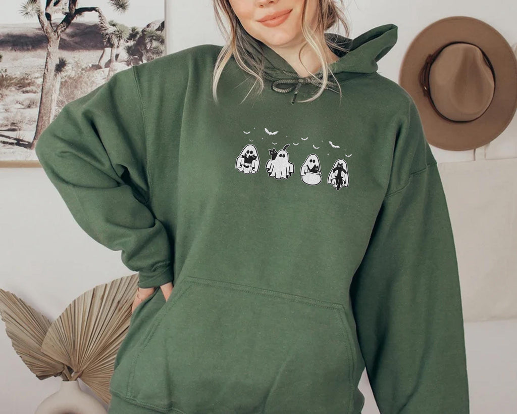 Spooky Season Hoodie, Halloween Black Cat & Ghost Embroidered Sweatshirt, Cute Cat Shirt, Fall Long Sleeve Shirt, Halloween Gift for Her