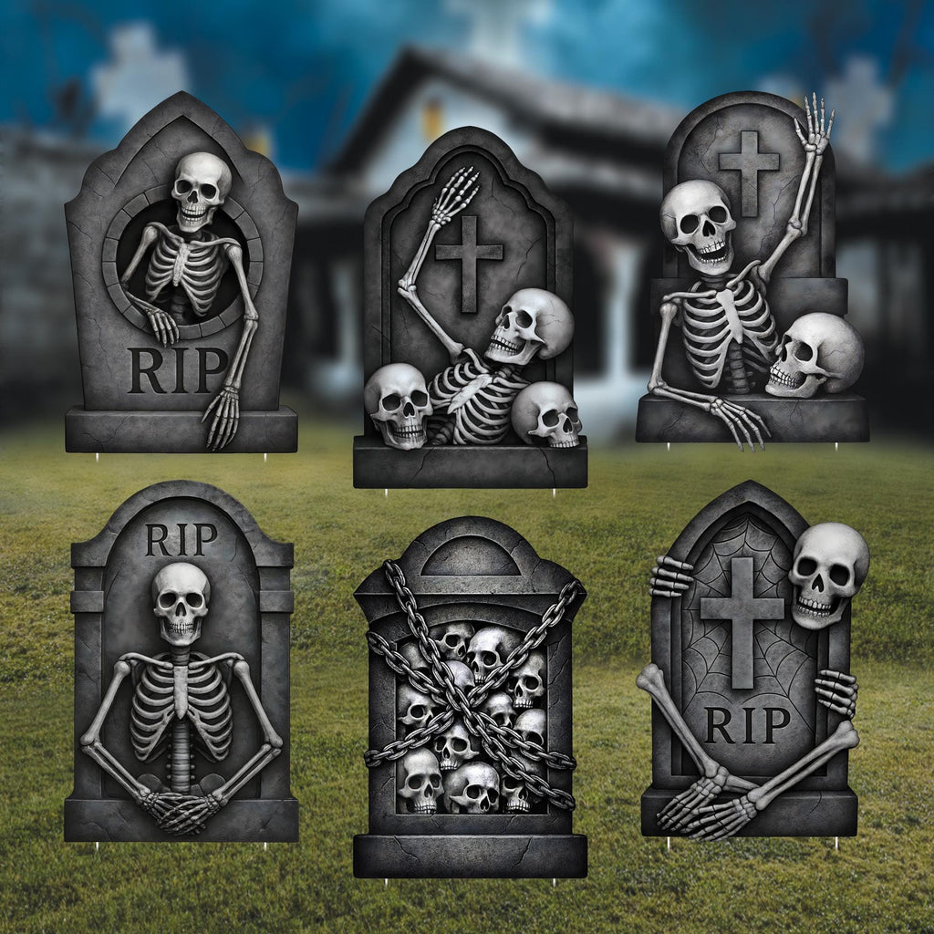 Graveyard Tombstone Yard Signs, Large Halloween Skeleton Skull Lawn Decorations with Stakes, Outdoor Scary Headstones for Home or Garden