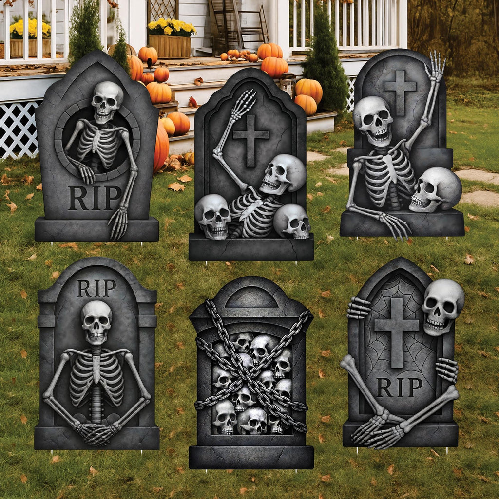 Graveyard Tombstone Yard Signs, Large Halloween Skeleton Skull Lawn Decorations with Stakes, Outdoor Scary Headstones for Home or Garden
