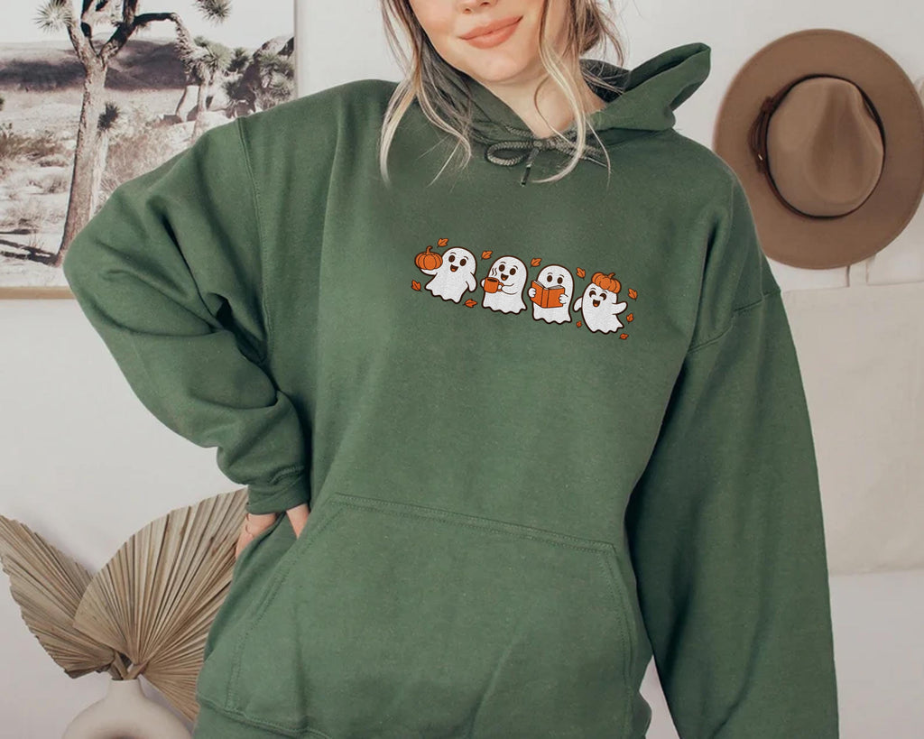 Spooky Fall Embroidered Sweatshirt, Vintage Halloween Pumpkin Hoodie, Ghost Shirt, Spooky Season Long Sleeve Shirt, Halloween Gift Idea