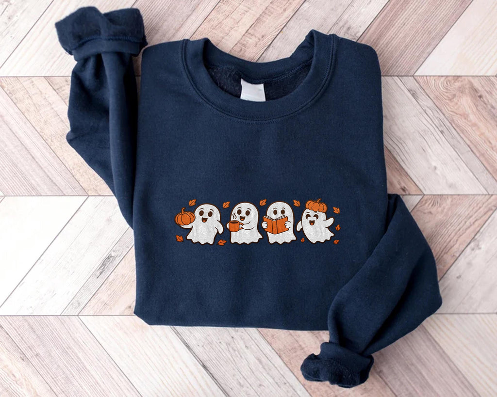 Spooky Fall Embroidered Sweatshirt, Vintage Halloween Pumpkin Hoodie, Ghost Shirt, Spooky Season Long Sleeve Shirt, Halloween Gift Idea