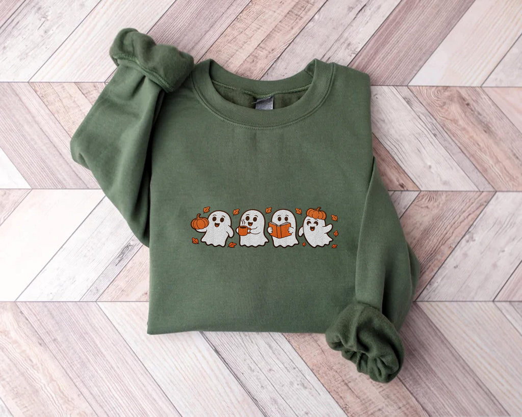 Spooky Fall Embroidered Sweatshirt, Vintage Halloween Pumpkin Hoodie, Ghost Shirt, Spooky Season Long Sleeve Shirt, Halloween Gift Idea