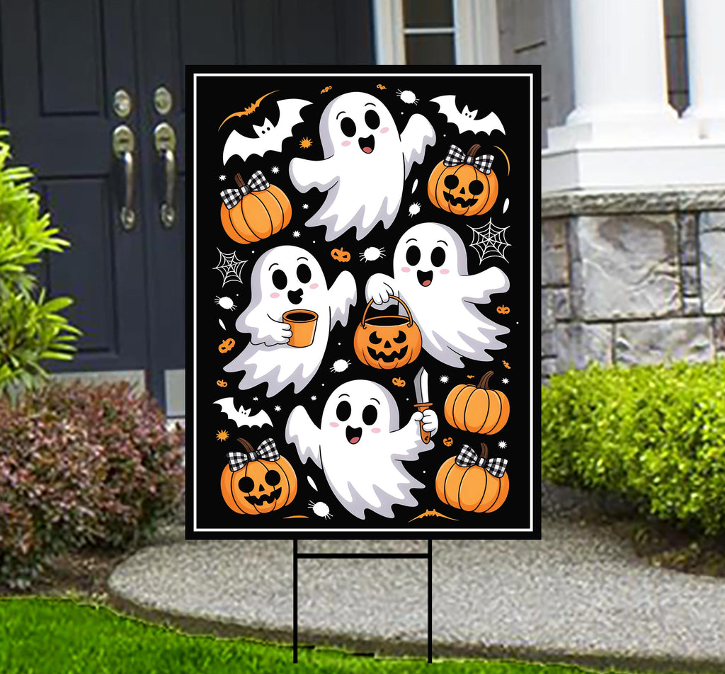 Cute Ghost Pumpkin Latte Yard Sign, Retro Halloween Lawn Sign, Fall Coffee Ghost Outdoor Decoration, Funny Autumn Decor with Metal H-Stake
